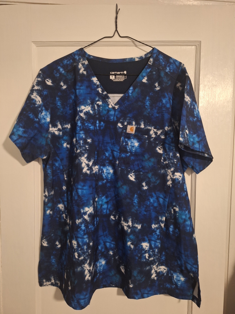 Carhartt Blue and White Tie-Dye V-Neck Scrub Top